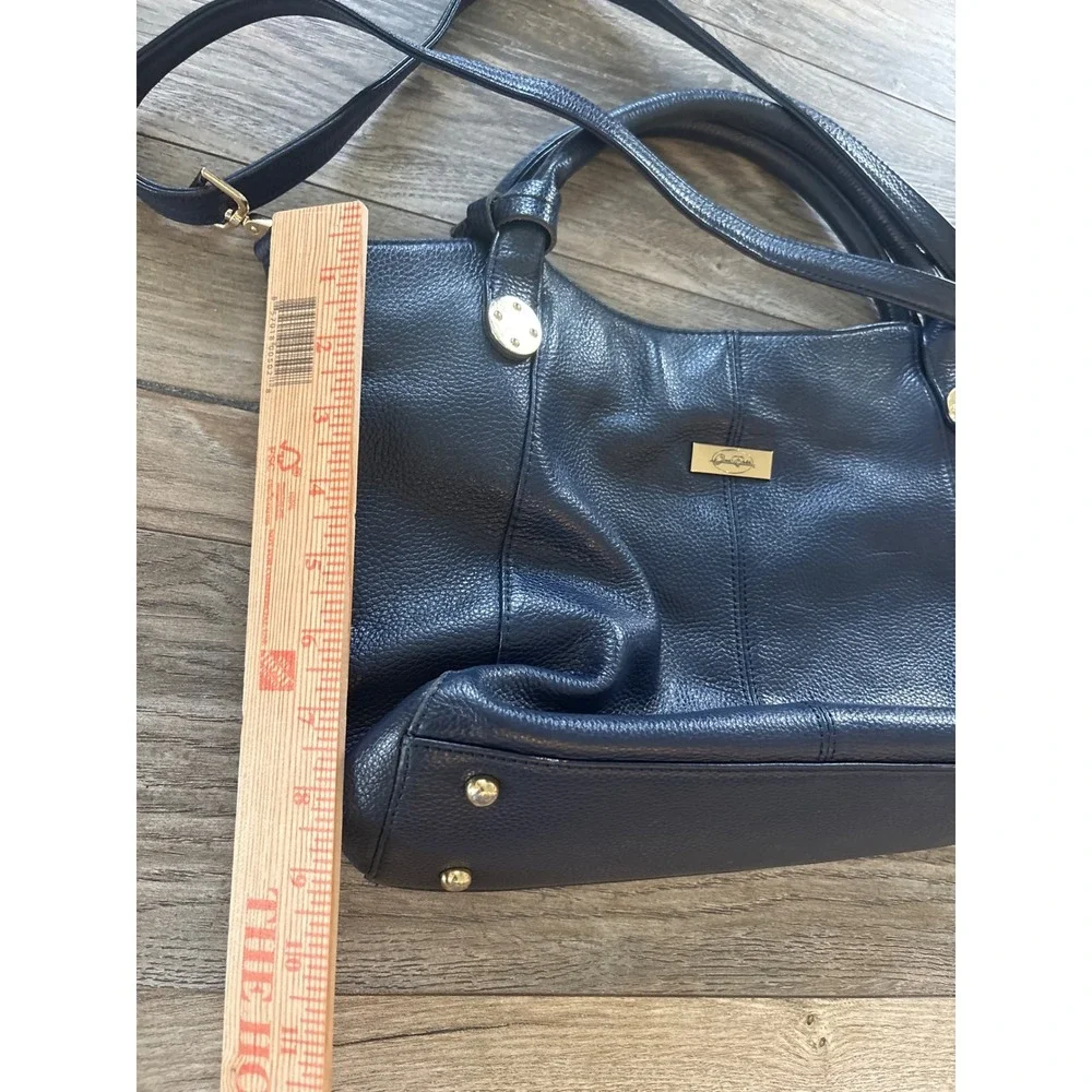 Donna Elissa Navy Blue Pebbled Leather Satchel Crossbody Bag Gold Hardware